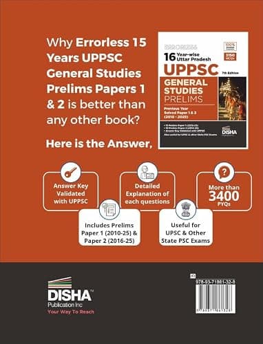 Disha Errorless 16 Year-wise Uttar Pradesh UPPSC General Studies Prelims Previous Year Solved Papers 1 & 2 (2010 - 25) 7th Edition | UPPCS PYQs Question Bank 2