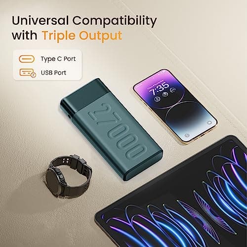 Ambrane 27000mAh Powerbank, 20 W Fast Charging, Triple Output (2 USB & 1 Type C), PD, Quick Charge for iPhone, Android & Other Devices, Made in India + Type C Cable (Stylo Pro 27K, Green) 4