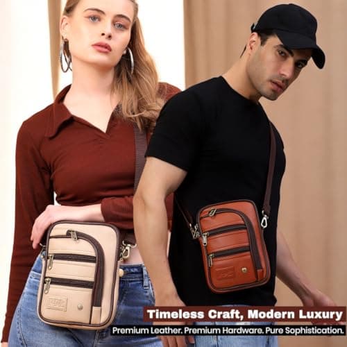 Pramadda Pure Luxury Classic Vegan Leather 7 Pocket Sling Bag For Men and Women | Compact Smart Organiser Messenger Side Mobile Bag For Easy Travel | Special Corporate Gift For Men (Classic Beige) 2