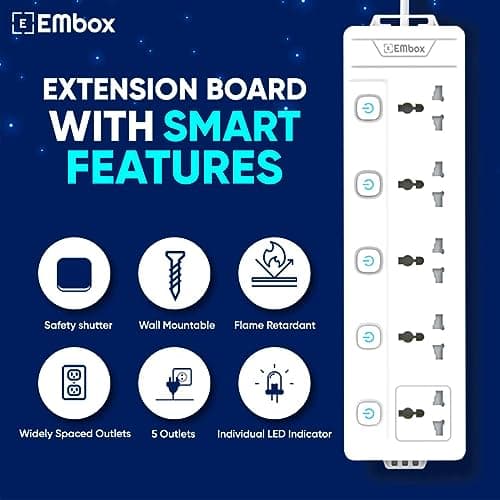 EMBOX Extension Board with Switches 2500 W, 5 Universal Sockets, Individual Switch, Safety Shutter, 6 amp Spike Guard, LED Indicator and Safety Shutter 3