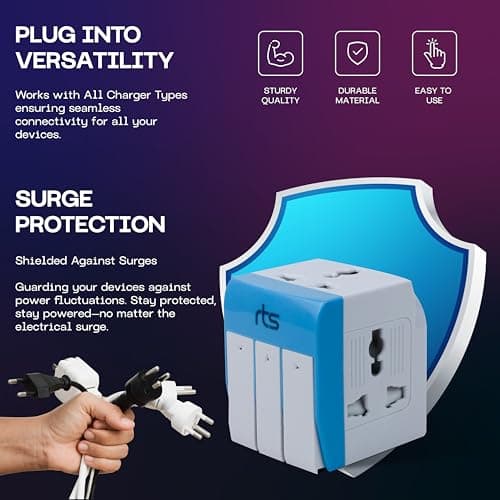 rts Universal Conversion Multiplug travel adapter with Individual Switch with Spike Buster Fuse Protected | multiplug three pin plug socket |3 PIN 3 Way Plug for Home,Office and Industrial Uses Orange 5