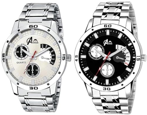 Acnos® Premium Stainless Steel Analog Watch for Men Combo Pack of 2 Arrival Black Silver