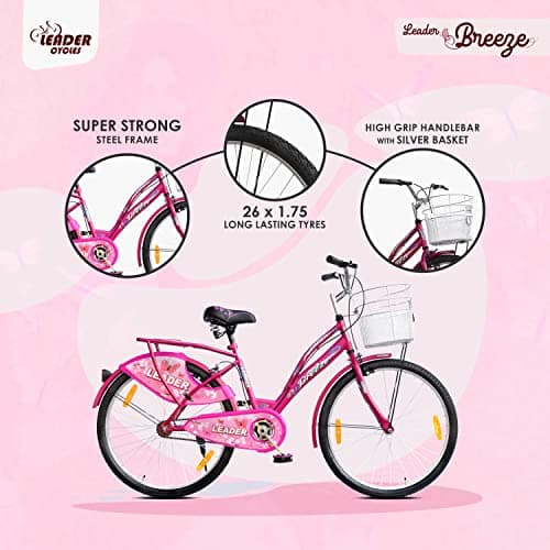 Leader Lady Star Breeze 26T Bicycle for Girls/Women with Front Basket and Integrated Carrier | Ideal for 12 + Years, (26) Road Bike,Road Bike,Pink,Womens,Rigid,18 inches 3
