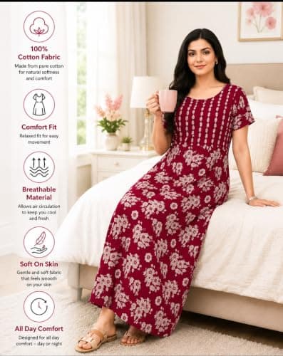 Cotton Nighty for Women | Stylish Maxi Length Night Gown | Soft & Comfortable Nightwear with Pocket | Available in L to 3XL (Wine Bouquet, 3XL) 2
