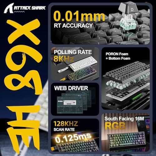 ATTACK SHARK X68 HE 8000Hz Rapid Trigger Keyboard, 0.01mm RT Accuracy Wired Gaming Keyboard with Magnetic Switch, Adjustable Actuation, Rapid Trigger, Snap Tap, RGB Lighting for PC/Mac, Moonlight 3