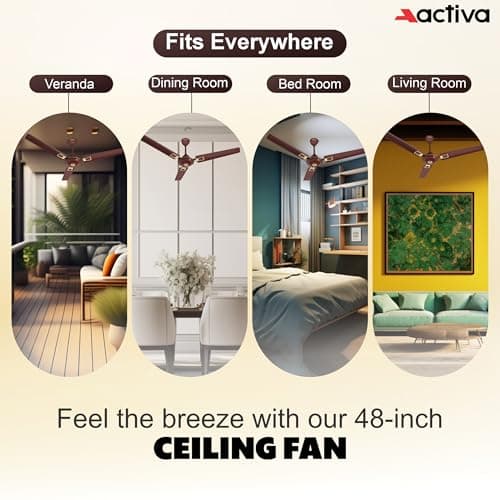ACTIVA Apsara 1200 mm Ceiling Fan, 390 RPM High-Speed Air Delivery, BEE-Approved One Star Rating50W Copper Winding Motor, 3-Blade Large Sweep, Anti-Dust,Pack of 2, 2-Year Warranty (Deco Brown) 5