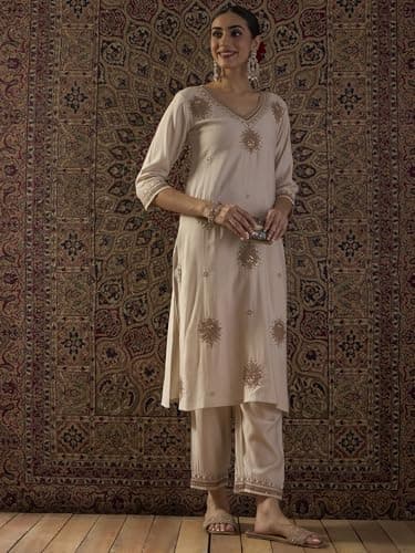 INDO ERA Women's Liva Ethnic Motifs Embroidered Straight Kurta & Pant Set (White_IESTR12380_XX-Large) 4