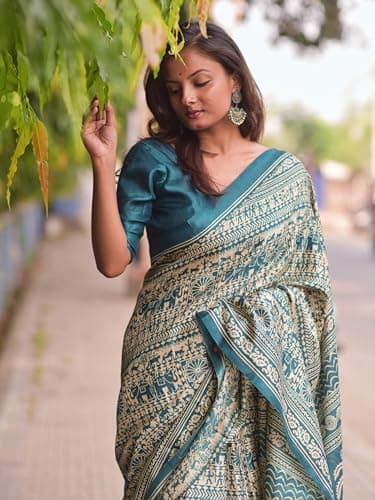 EthnicJunction Women's Art Silk Kalamkari Print Saree With Blouse Piece (Teal) 4