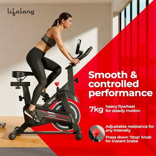 Lifelong Fit Pro Spin Fitness Bike for Home | Exercise Bike for Cardio Workout with 7 KG Flywheel, Adjustable Resistance & LED Display | Cushioned Adjustable Seat | Non-Slip Pedals | Max User Weight 1 3