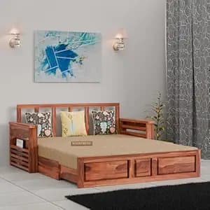 Solid Sheesham Wooden Sofa Cums Bed with Mattresses for Living Room|Rosewood 3-Person Sofa Cums Bed for Bedroom Without Pillow (A-Natural, 3 Seater)