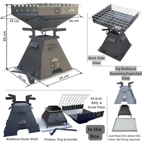 Tej Portable SmokeLess Wood Stove & Barbeque Grill | Quick Start Speedy Fire |Easy Cooking + BBQ at Home, Balcony Outdoor Camping | No Gas/Blower | MultiUse Eco-Friendly Chulha & Coal Sigdi | MS Blk 5