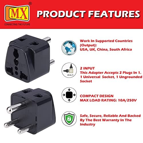 MX Universal Travel Adapter Type D to India – 2‑in‑1 Conversion Plug for UK/USA/China/EU – Surge Protection & Safety Shutters – Black 5