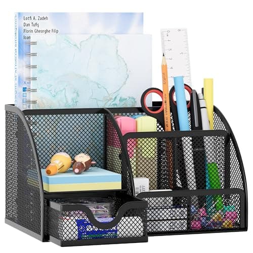 Geniric Generic Mesh Office Stationery Desk Tidy Organiser 5 Storage Compartment and 1 Drawer with Non-Marking Rubber Pads, Black