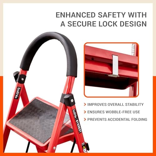 Bathla Everest 5-Step Steel Ladder with Safety Hand Grip | Anti-Skid Wide Steps (30L x 20W cm) | Lightweight, Foldable Ladder for Home & Office | 150Kg Load Capacity | 2 Year Warranty (Red) 2