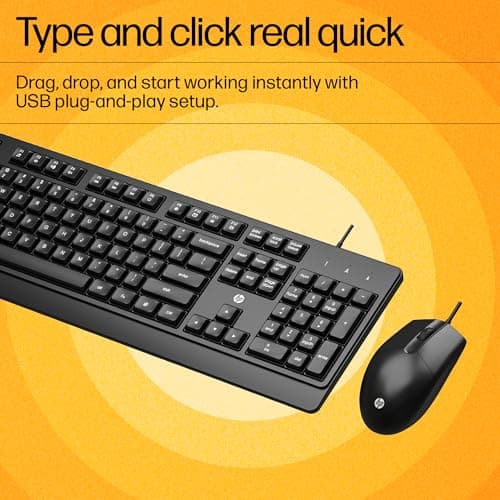 HP KM 180 Wired Mouse and Keyboard Combo, USB Plug-and-Play, 1200 dpi, Full-Size Layout with Numeric pad, Up to 10 Million keystrokes, Up to 1 Million clicks, 1-Year Warranty, 0.52 kg, Black, 7J4G3AA 5