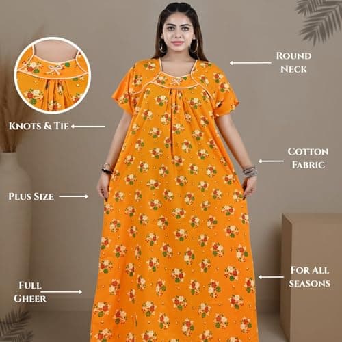 Bejod's Collection Women's Yellow Nighty Cotton Maxi Nightdress – Printed Floral Full-Length Nightgown, Plus Size Loose Fit Sleepwear Summer Nightwear for Women XL-3X (Yellow, XXL) 5