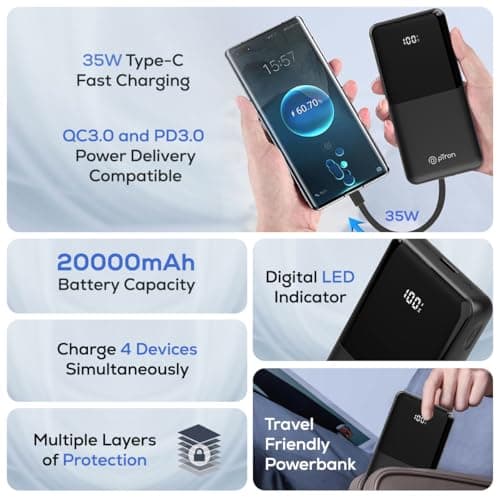 pTron Dynamo Bolt 20000mAh Power Bank w/Inbuilt Charging Cables, 35W Super Fast Charging, USB Type-C Input Power Bank Compatible with QC3.0/PD3.0, 4 Charging Outputs, Type-C Input/Output Port (Black) 2