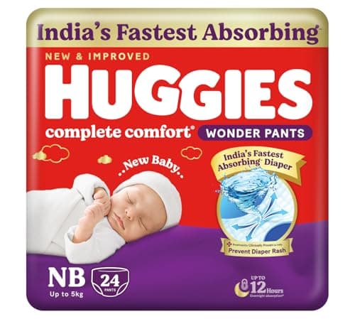 Huggies Complete Comfort Wonder Pants | Pant Style Baby Diapers Newborn Size (NB/XS), 24 Count | India's Fastest Absorbing Diaper, Prevents Diaper Rash, Ideal for 0-5 Kgs