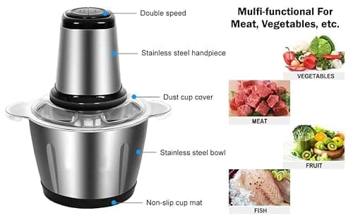 VANSHORA Electric Food Chopper 2L Stainless Steel Bowl Heavy Duty 700W Motor 4 Blade 2 Speed Kitchen Grinder for Meat Vegetables Onion Garlic Herbs Multipurpose Electric Food Processor 2
