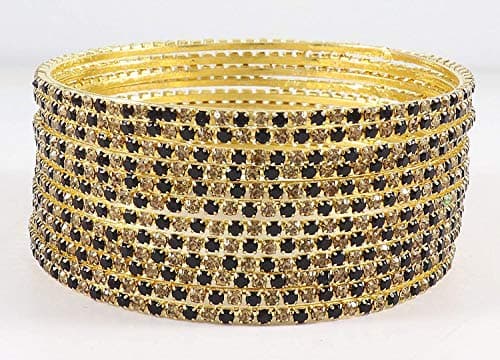 ZULKA Non-Precious Metal Base Metal with Zircon Gemstone Studded worked Glossy Finished Bangle Set For Women and Girls, (Black-Golden_2.8 Inches), Pack Of 12 Bangle Set 6