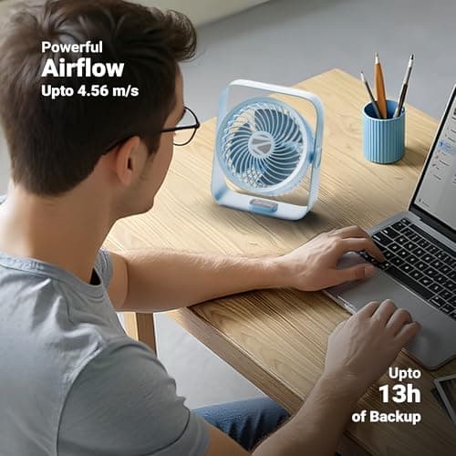 Zebronics Heat Buster 300, Portable Desk Fan, Upto 13h Backup, 3600mAh Rechargeable Battery, 360° Rotatable Fan, 4 Speed + 1 Breeze Mode, Wall-Mountable, for Travel, Office, Home (Blue) 3