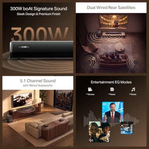 Boat Aavante Bar Prime B300 with Subwoofer and Dual Rear Speakers, 300W RMS Output, 5.1 Channel, Multi-Connectivity, EQ Modes, & BT v5.3 Soundbar with Powerful Boat Signature Sound (Charcoal Black) 2