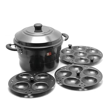 KCL Hard Anodised Aluminium Idli Maker/Non-Whistling Traditional Idli Cooker/Idlipot, Cooking 16 Idli Size 36, Black Color. Idli steamer works on gas and induction stove.