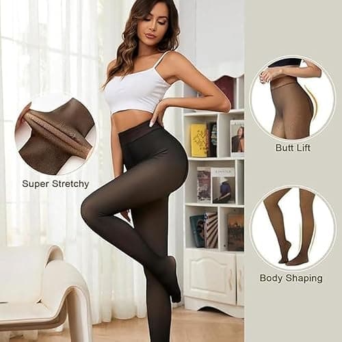 FLYNGO Women Skinny Fit Mid Rise Winter Wear Warm Fleece Thermal Leggings Tights Pants, Waist Size : 26 to 34 (Fake Translucent) 3
