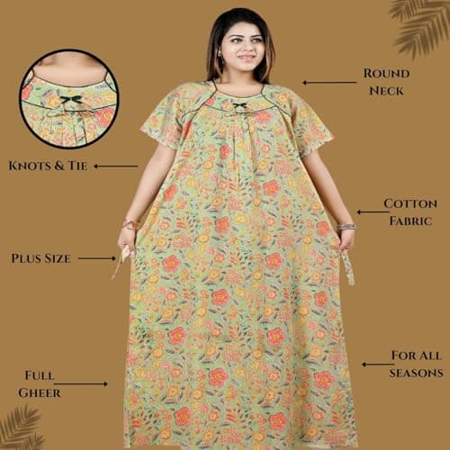 Bejod's Collection Women Pure Cotton Nighty Maxi | Full Length Floral Printed Cotton Night Dress for Women | Soft & Breathable Nightwear Gown Size L to XXL (Green, L) 5