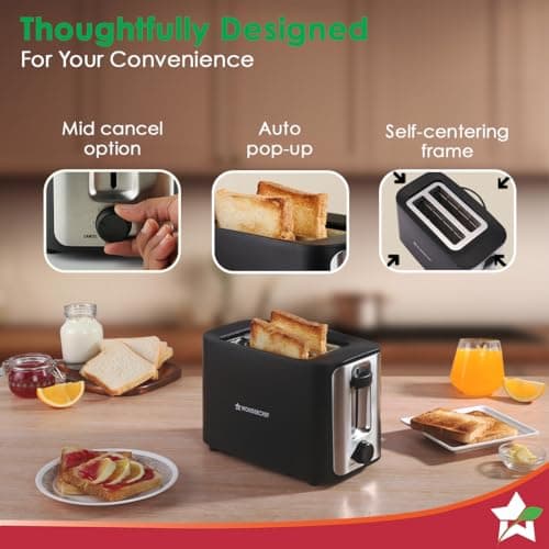 Wonderchef Roma 2-Slice Pop-up Toaster with Lid Cover, 6 Browning Options for Golden Crispy Bread Toasts, Mid-Cycle Cancel Function, Crumb Tray, 2-Yr Warranty, Black, Automatic Electric Toaster 3