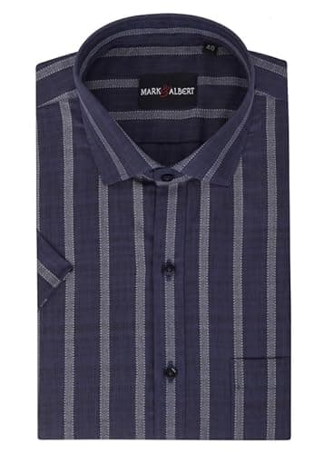 MARK & ALBERT Men's Half Sleeve Cotton Linen Striped Shirt Ink Blue