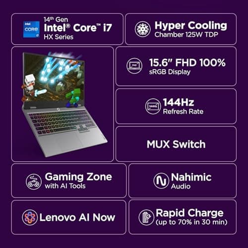 Lenovo LOQ Intel Core i7-14700HX | NVIDIA RTX 5050 8GB (16GB RAM/512GB SSD/144Hz Refresh Rate/440 AI TOPS/15.6" (39.6cm)/Windows 11/Office 2024/Grey/2.4Kg), 83JE01KLIN Gaming Laptop 2
