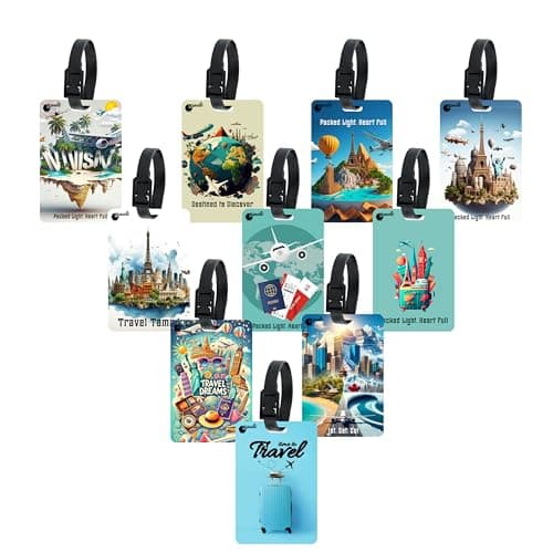Kidultz (Set of 10) Synthetic Luggage Tags with Black Strap Loop | Durable, Waterproof, Anti-Break Travel ID Tags for Suitcases, Backpacks, School & Office Bags (Set 10)