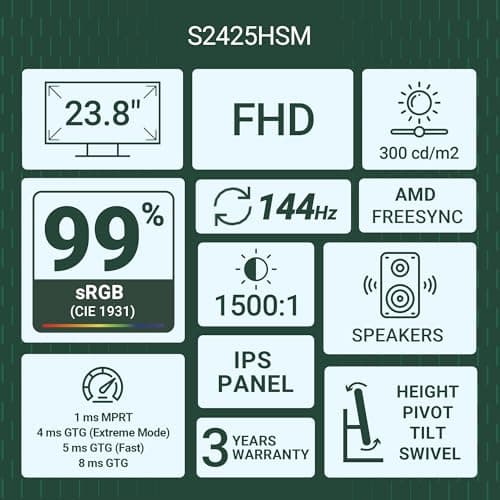 Dell S2425HSM 24"/60.45cm FHD Monitor, 144Hz Refresh Rate, IPS Panel, 1ms Response, Flicker-free, Contrast 1500:1, 2xHDMI, Built-in 6W Dual Speakers, Warranty 3 Years, TÜV Rheinland 4-Star Eye Comfort 3
