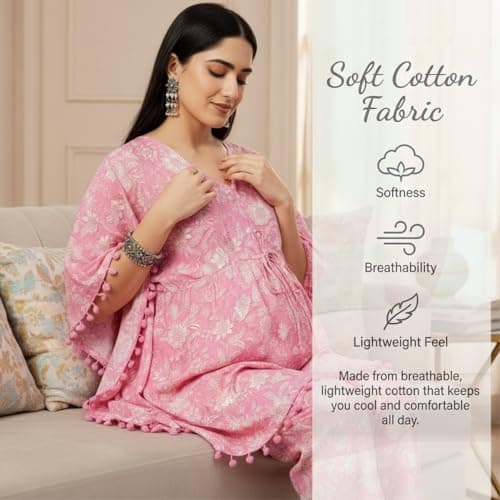 Aaheli Women’s Cotton V-Neck Printed Maternity Kaftan Set with Pant | Soft Nursing Wear | Comfortable Sleepwear for Pregnancy | Baby Pink, M 3