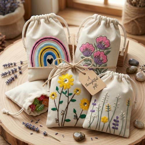 Greenfold 20 Pcs Embroidered Cotton Drawstring Pouches | Reusable Small Gift Bags for Jewelry, Coins & Return Gifts | Eco-friendly Cotton Potli Bag With String Closure | Multipurpose Organizer 3