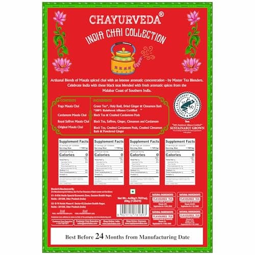 Sancha Tea Boutique India Chai Collection – 4 Masala Chai Gift Box with Saffron, Cardamom, Tulsi & Spices, 200g 3