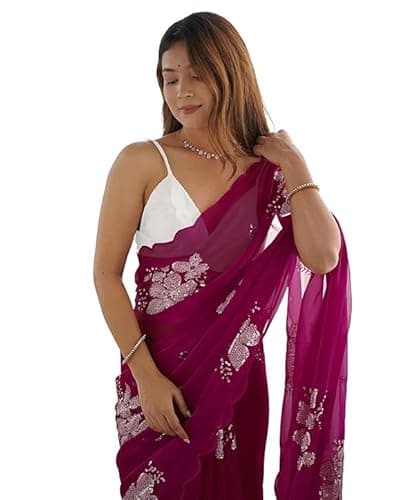 Flosive Women's Shimmer Organza Sequence Embroidery Saree With Unstitched Blouse Piece (PURPLE)