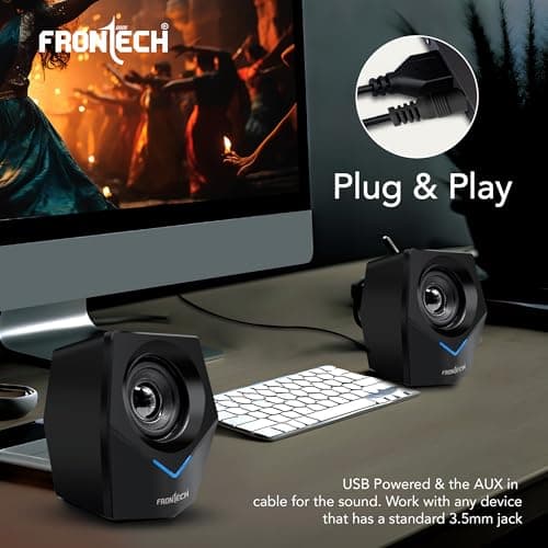 FRONTECH 2.0 Multimedia Speakers: 10W USB-Powered PC/Laptop/Mobile Speakers with 3.5mm AUX & Blue LED Lighting. (SPK-0011) 5