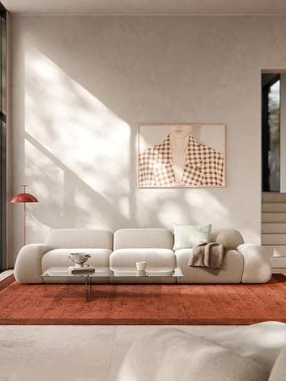 FUNTERIOR Luxora Velvet Texture Fabric Modular 3 Seater Sofa Set | Light Cream | Comfortable Sofa for Living Room & Office | Premium Finish | Soft Seating | Elegant Durable Build