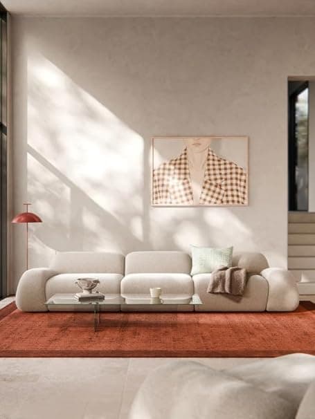 FUNTERIOR Luxora Velvet Texture Fabric Modular 3 Seater Sofa Set | Light Cream | Comfortable Sofa for Living Room & Office | Premium Finish | Soft Seating | Elegant Durable Build