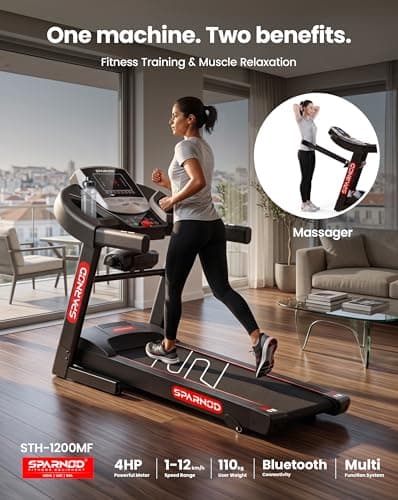 Sparnod Fitness STH-1200MF Multifunction Foldable Treadmill for Home Use, 4 HP Peak DC Motor, Built-in Massager, 12 Preset Programs, LED Display, 12 km/h Speed, Manual Incline, 110 kg User Capacity 2