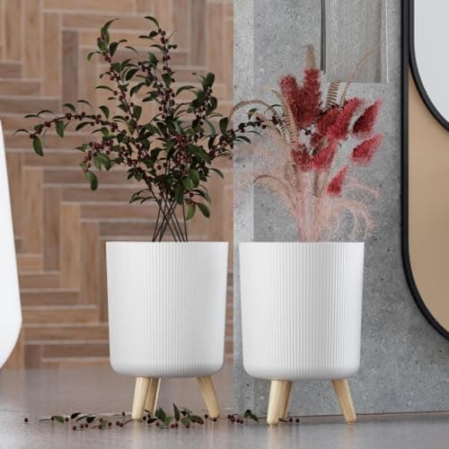 LEAWALL Modern White Flower Pot with Stand | Large Indoor Outdoor Planter for Home Garden Balcony Living Room | Italian Ribbed Design Tall Decorative Plastic Plant Pots with Legs (White, 1) 3