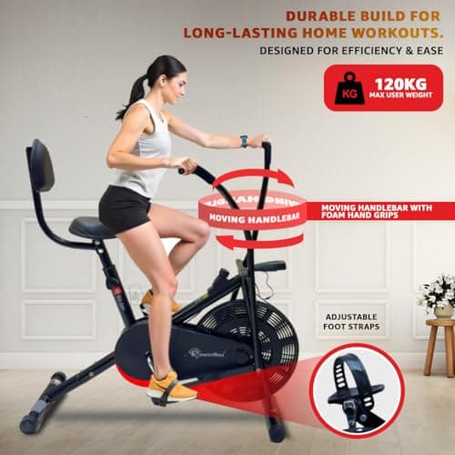 PowerMax Fitness BU-201 Dual Action Air Bike/Exercise Bike for Home |Gym Cycle for Workout With Adjustable Cushioned Seat | Non-Slip Pedals | Moving Handles Black Gym Bike, Max user weight 120 KG 5