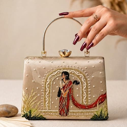 Artklim Beige Traditional Art Embroidered Clutches for Women | Wedding Clutch Stylish | Hand Clutches | Bridal Occasion Bag with Detachable Strap and Handle 2