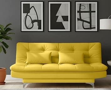 AMATA Eagle 3 Seater Sofa Cum Bed Yellow Suede Velvet Fabric with Two Cushions Perfect for Home Living Office Room and Guests (Yellow, Medium)(3 Year Warranty)