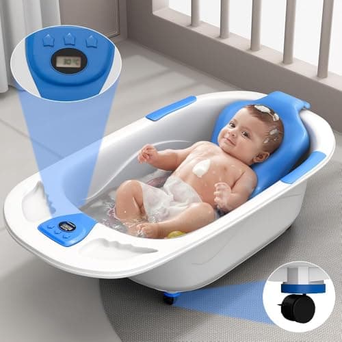 StarAndDaisy Baby Bath Tub for 0 to 5 Years/Bath Tub for Kids 0-3 Years/Infants Bathtub with Temperature Censor & Baby Bath Seat/Sling, Antislip Kids Bath Tub with Bath Chair -White Blue 3