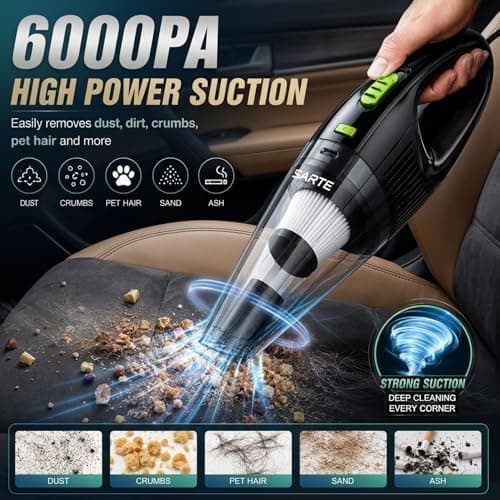 SARTE Car Vacuum Cleaner 6000Pa High Power Suction 2 in 1 Wet and Dry Portable 12V DC Handheld Vacuum Cleaner with HEPA Filter and Blower Accessories for Deep Cleaning in Cars for SUV Interior 2