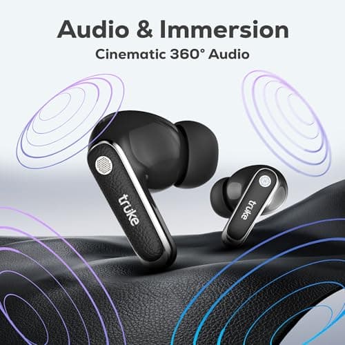 truke New Launch Mega 12 True Wireless in Ear Earbuds W/ 24-Bit Spatial Audio, Premium Leather Textured Design, 70H Playtime Fast Charge Buds, 13mm Drivers TWS, Low Latency, ENC (Ash Black) 5