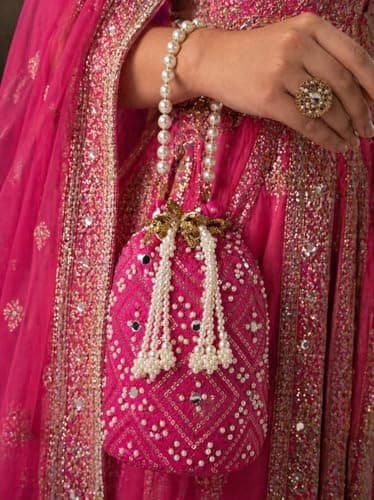 ATHZ potli Rani color || Mirror Work damru shaped || white beads embellishment potli bag for women || Wedding | Party | Anniversary || return gifting 4